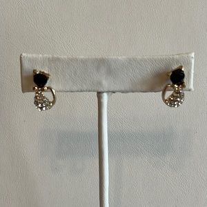 Gold Tone Black Jeweled Cat Earrings